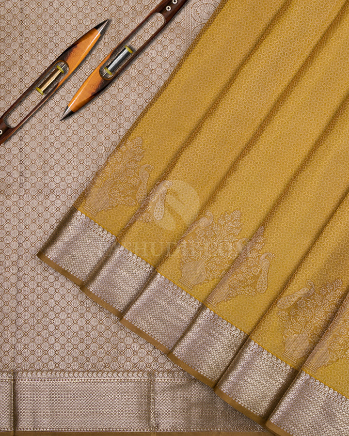 Golden Yellow and Khaki Kanjivaram Silk Saree - D415 - View 2