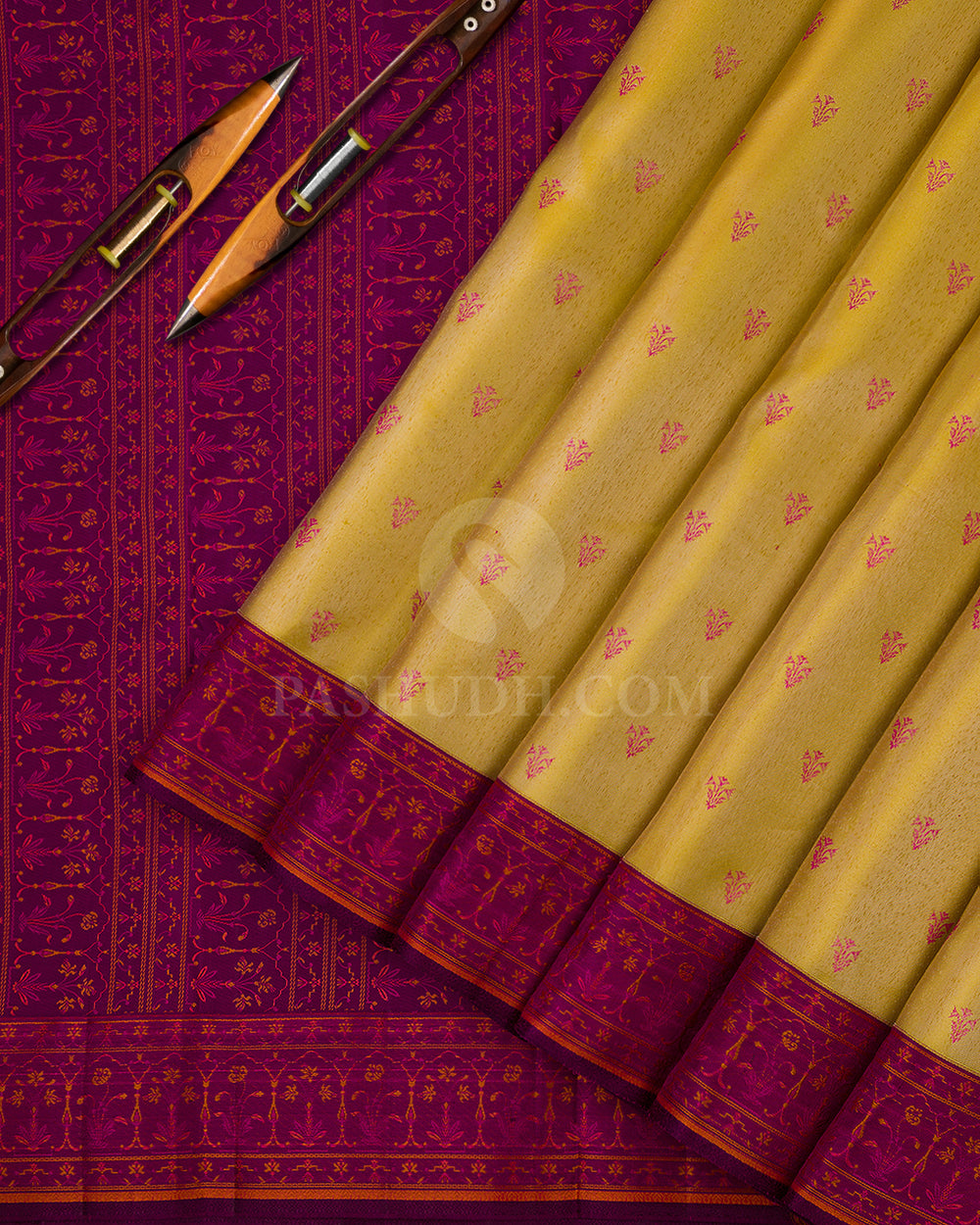 Yellow and Magenta Kanjivaram Silk Saree - DJ154 - View 2