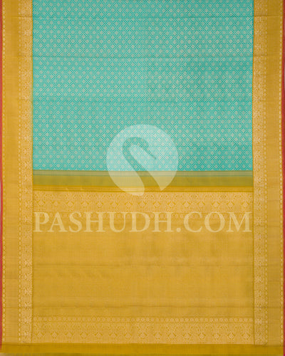 Turquoise - Yellow Kanjivaram Silk Saree  - S312 - View 6