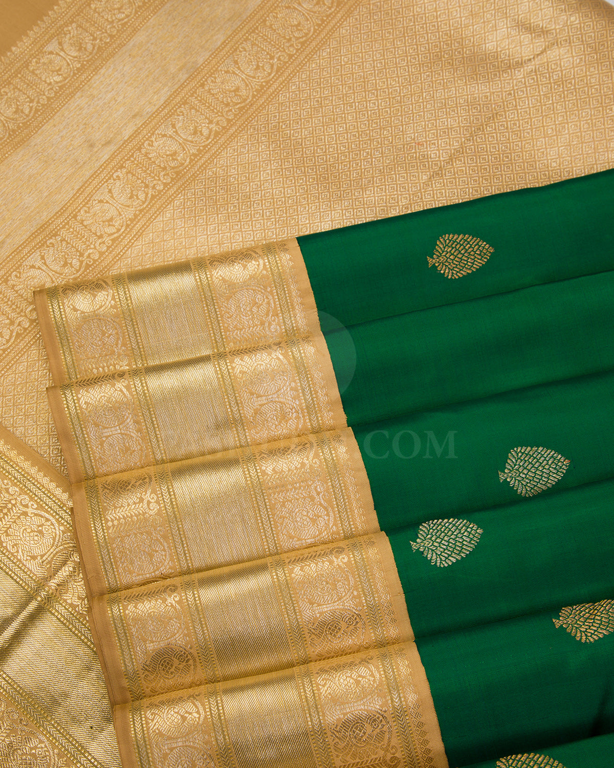 Emerald Green and Ivory Kanjivaram Silk Saree - S598 - View 4