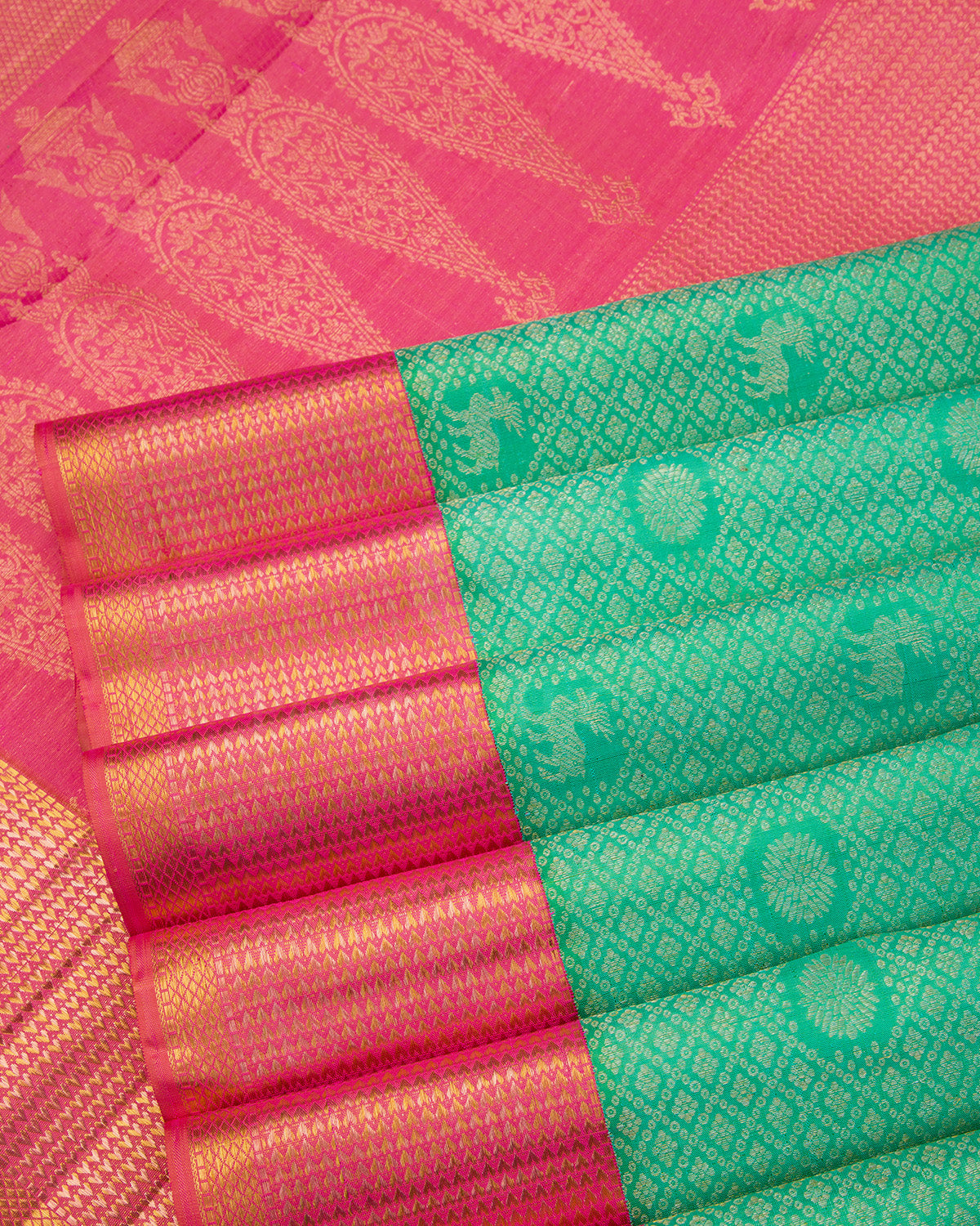 Mint Green and Flamingo Pink Kanjivaram Silk Saree - S608 - View 5