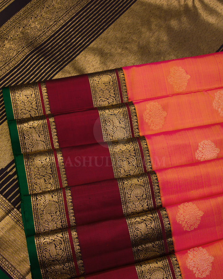 Pink Shot Orange Pure Zari Kanjivaram Silk Saree with Sku Code S590 , view 5