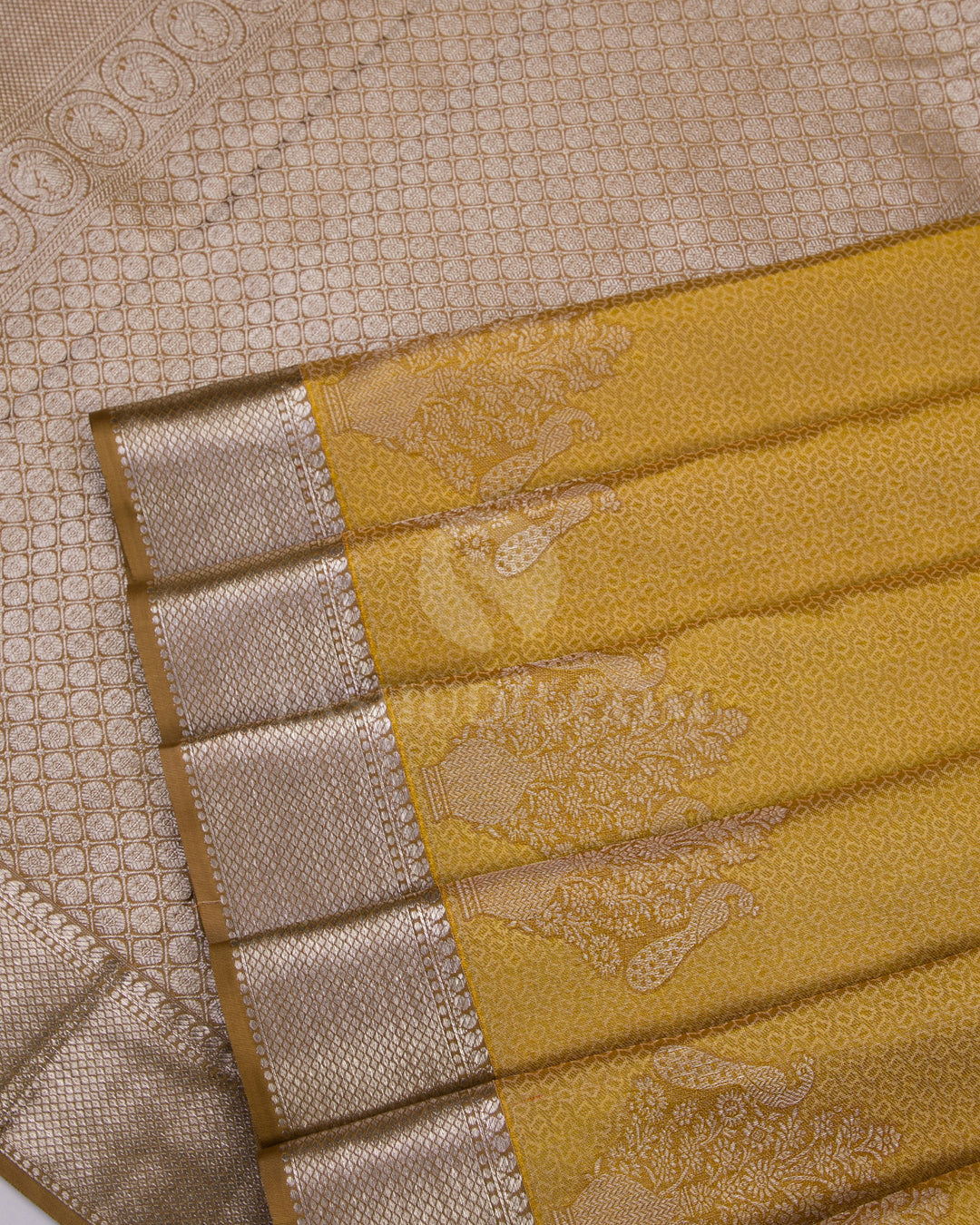 Golden Yellow and Khaki Kanjivaram Silk Saree - D415 - View 4
