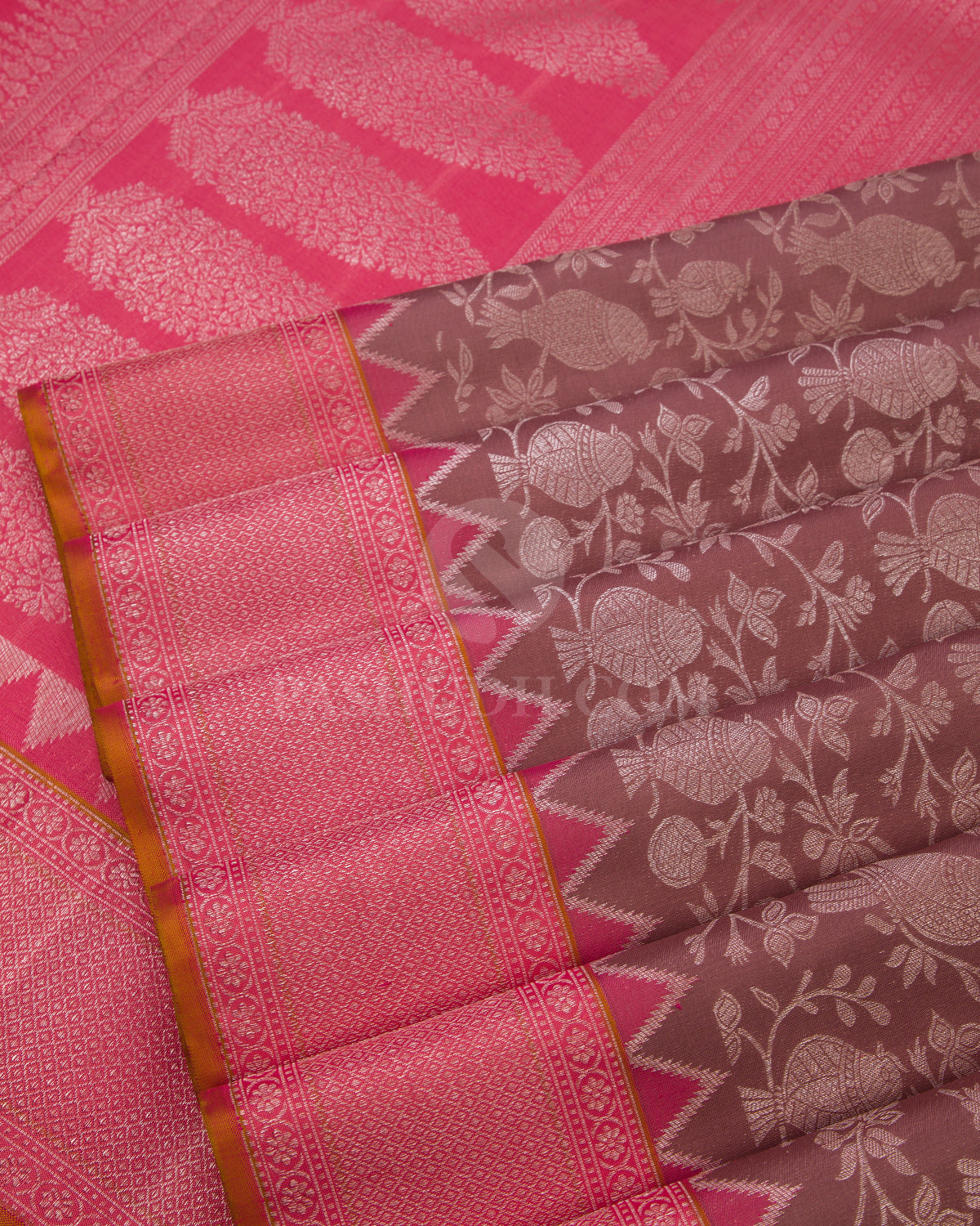 Chocolate Brown and Flamingo Pink Pure Zari Kanjivaram Silk Saree - S641 - View 5