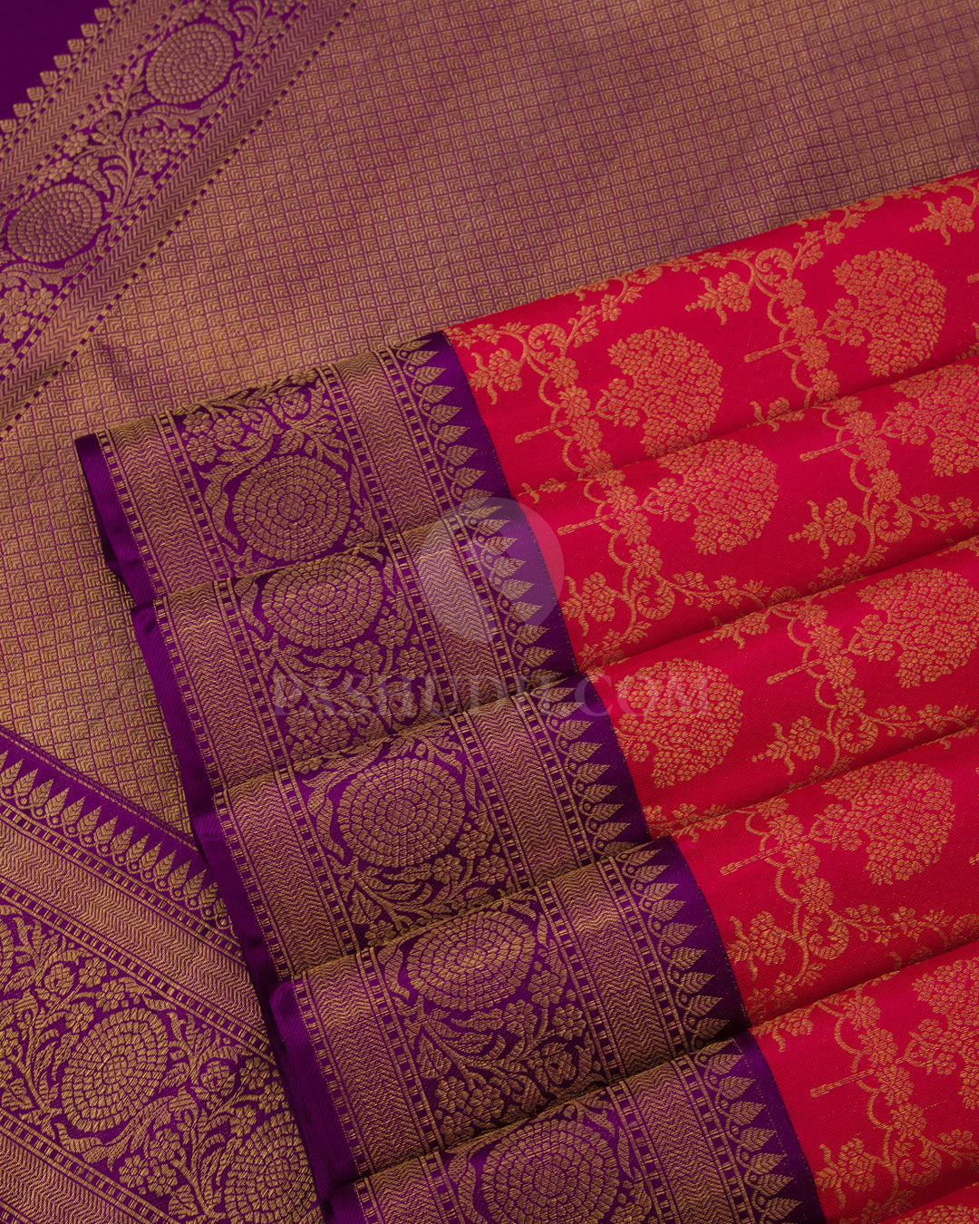 Bright Red and Violet Pure Zari Kanjivaram Silk Saree - S633 - View 5