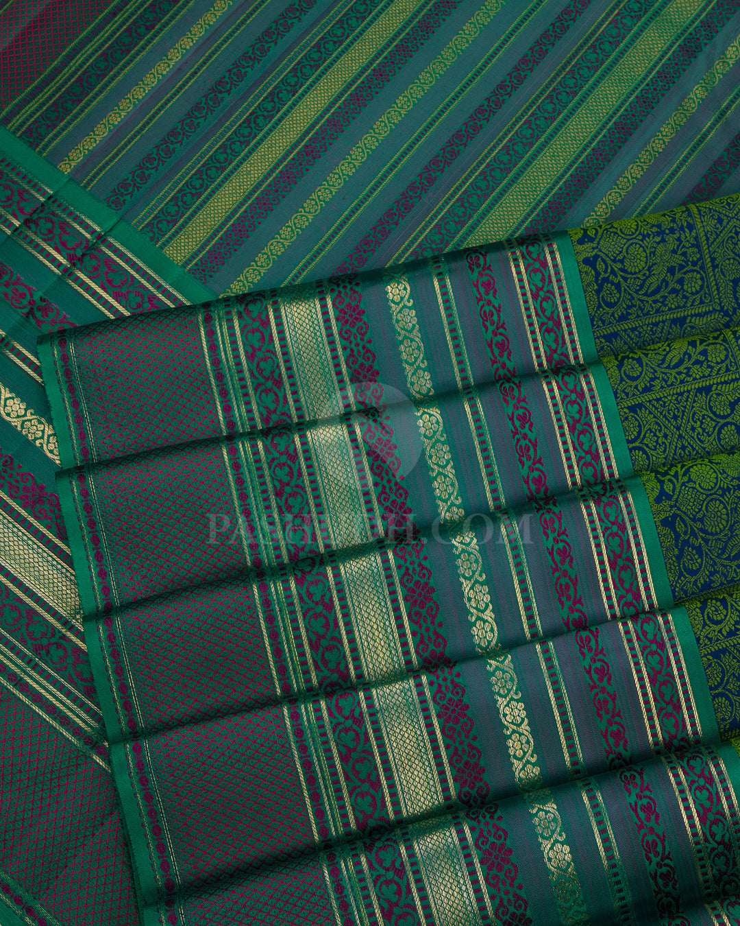 Royal Blue and Peacock Green Kanjivaram Silk Saree - DJ180 - View 4