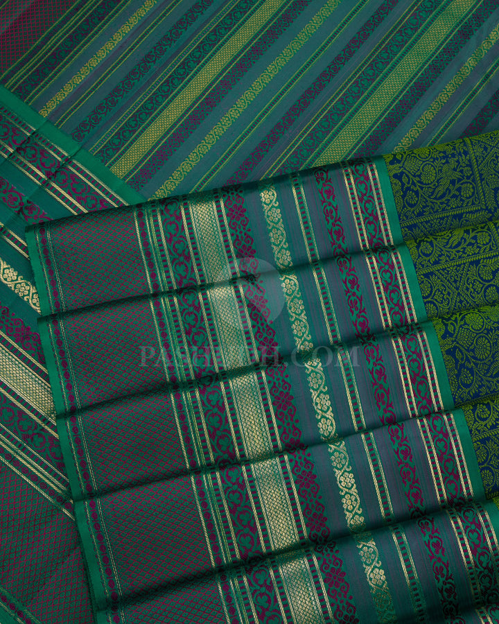 Royal Blue and Peacock Green Kanjivaram Silk Saree - DJ180 - View 4