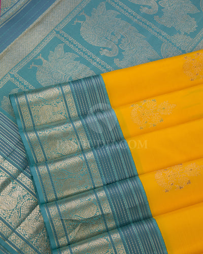 Yellow and Sky Blue Pure Zari Kanjivaram Silk Saree - S639 - View 5