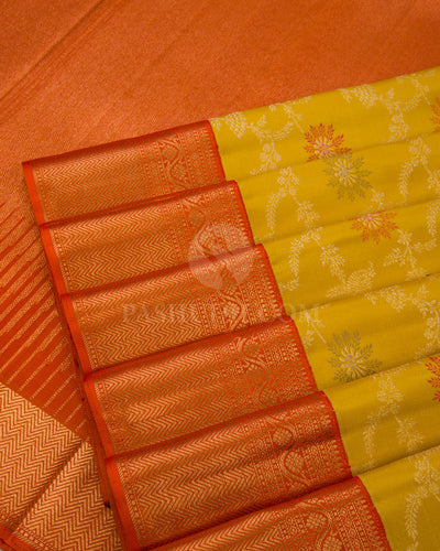 Yellow and Sunset Red Pure Zari Kanjivaram Silk Saree - S663 - View 5