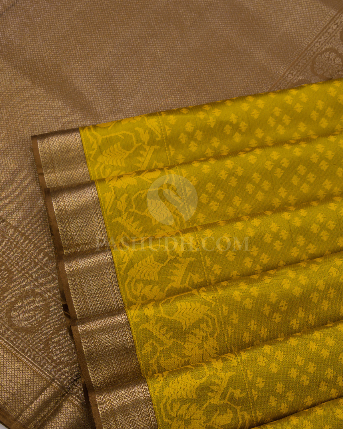 Green Shot Yellow and Brown Kanjivaram Silk Saree - DJ163 View 4