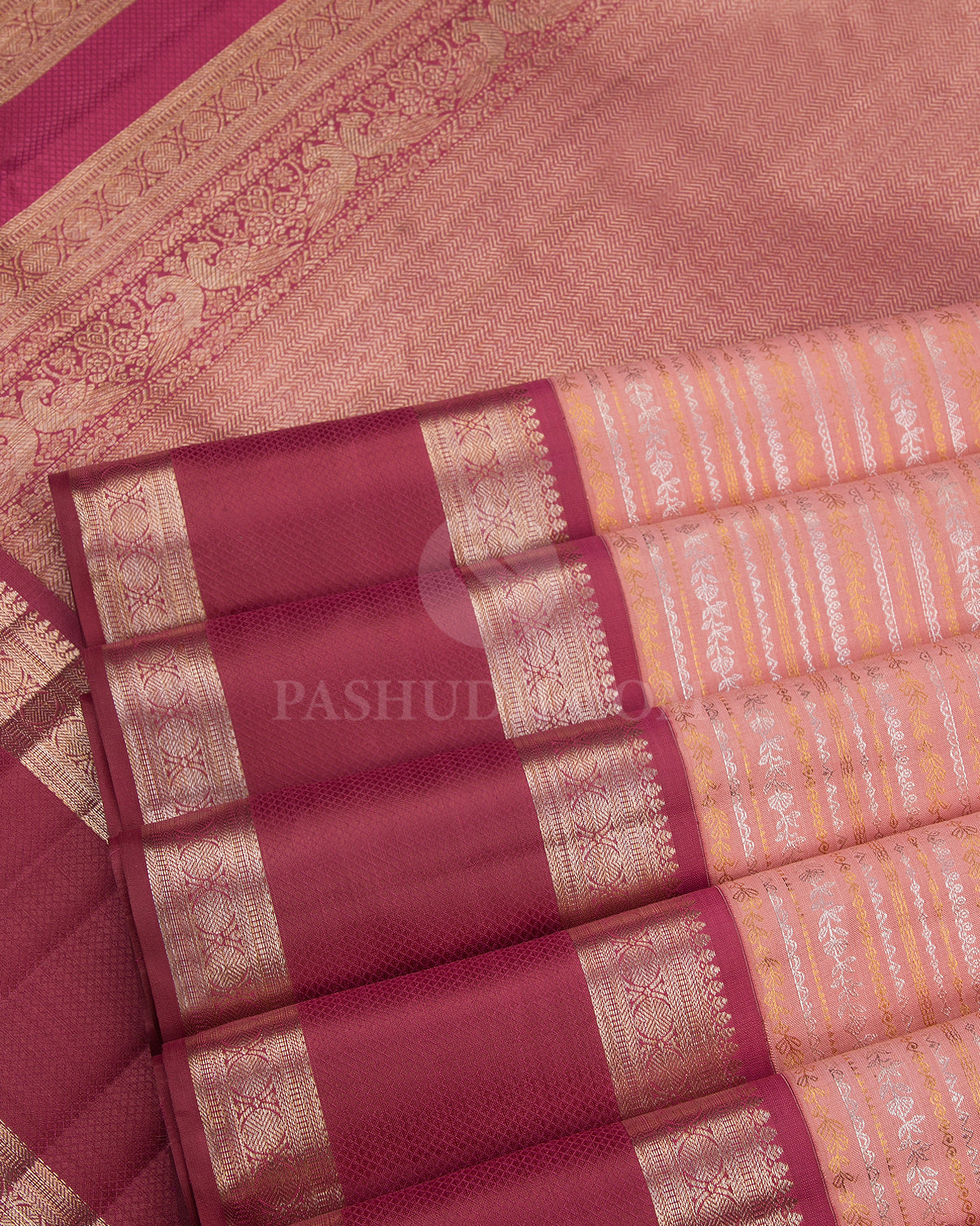 Pastel Peach and Rosewood Pink Kanjivaram Silk Saree - S695- View 5