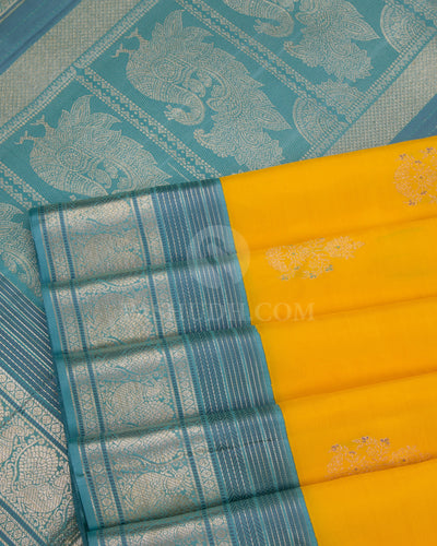 Yellow and Tiffany Blue Pure Zari Kanjivaram Silk Saree - S681 - View 5