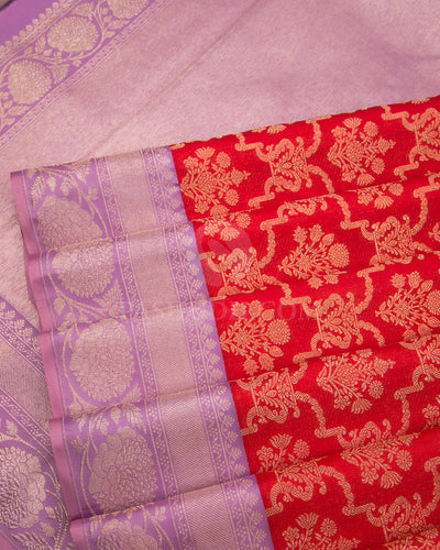Tomato Red and Lavender Pure Zari Kanjivaram Silk Saree - S580 - View 5
