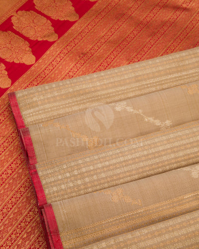 Beige and Red Kanjivaram Silk Saree - S694 - View 5