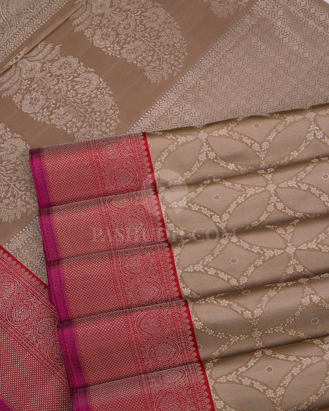 Khaki and Ruby Red Kanjivaram Silk Saree - D414 - View 4