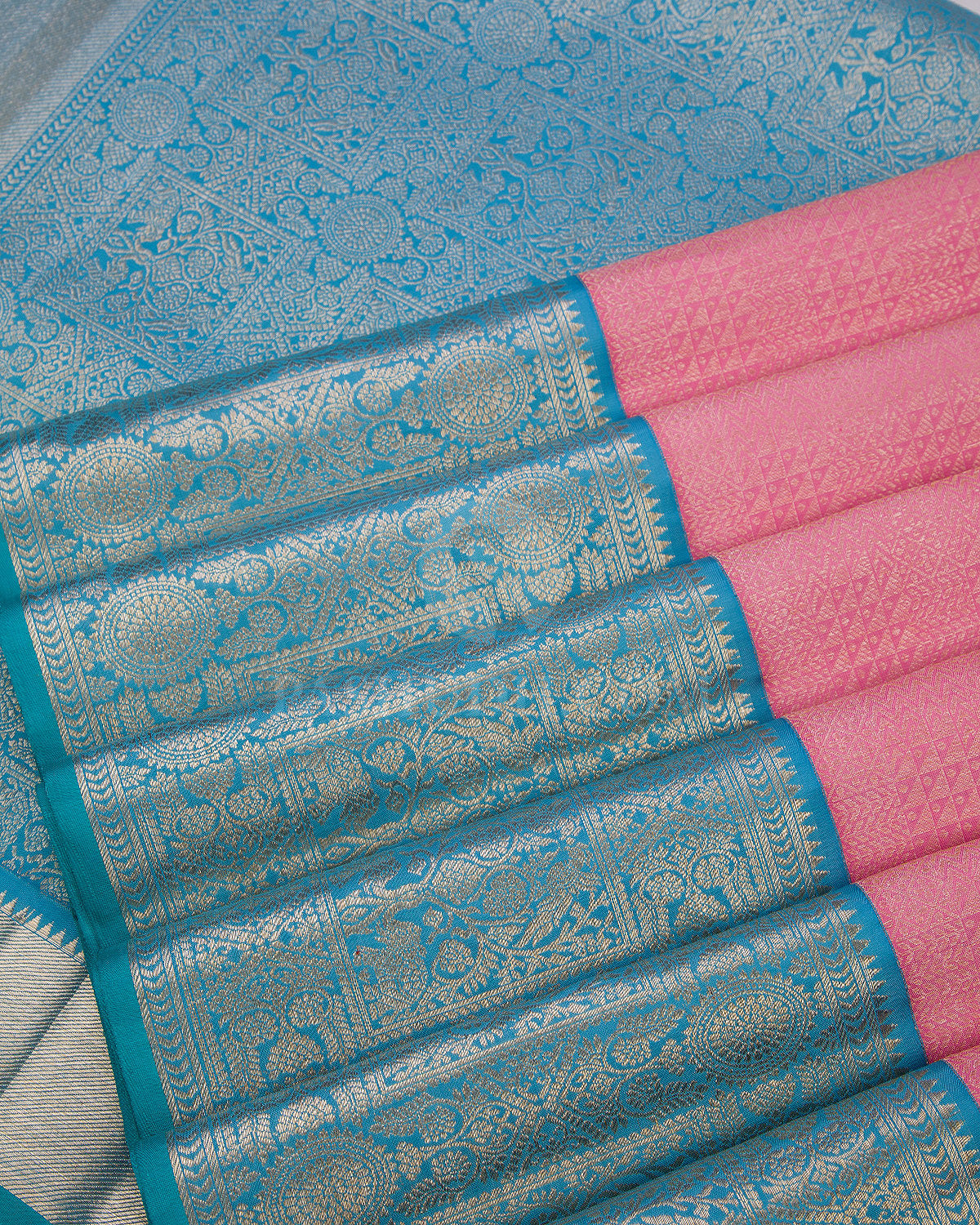 Baby Pink and Turquoise Pure Zari Kanjivaram Silk Saree - S664 - View 2