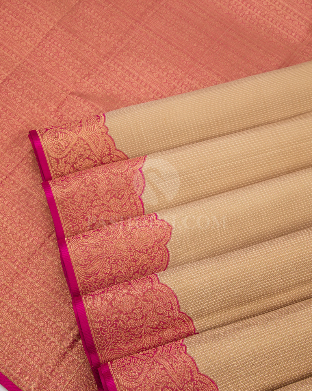 Peachy Pink and Cream Kanjivaram Saree - S582 view 5