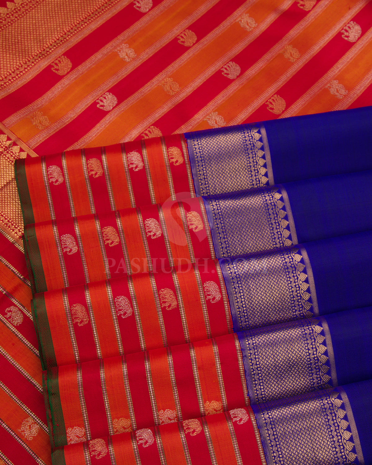 Royal Blue and Red Pure Zari Kanjivaram Silk Saree - S675 - View 5
