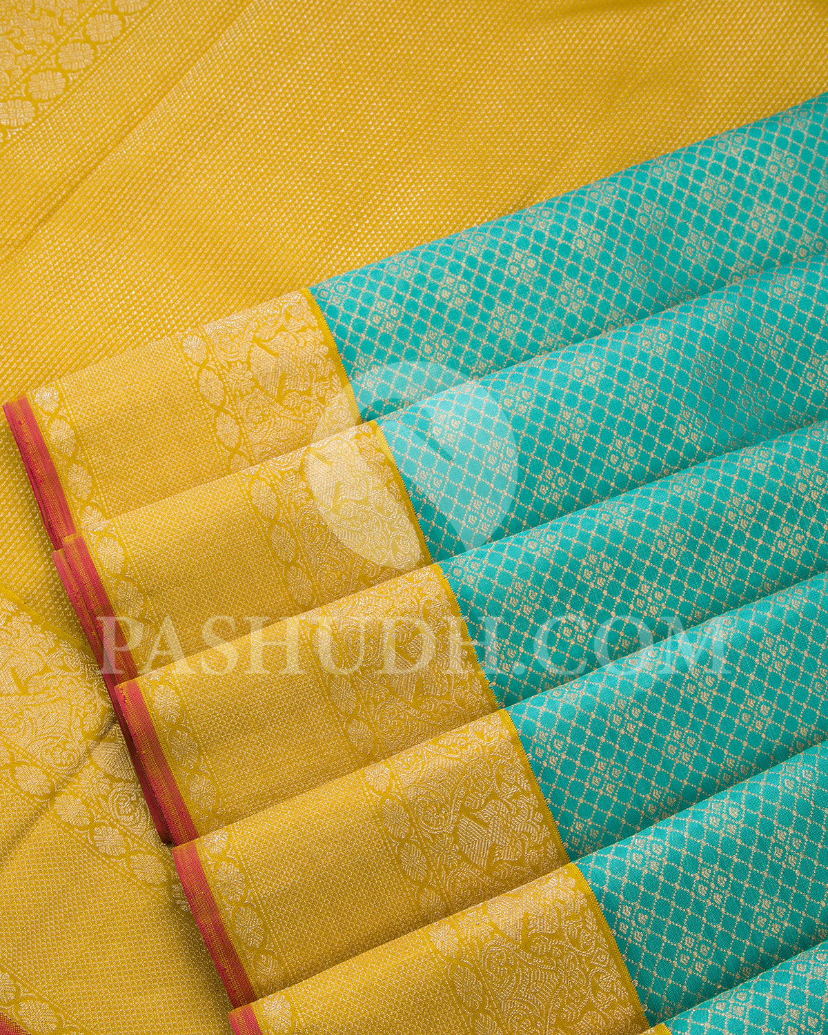 Turquoise - Yellow Kanjivaram Silk Saree  - S312 - View 3