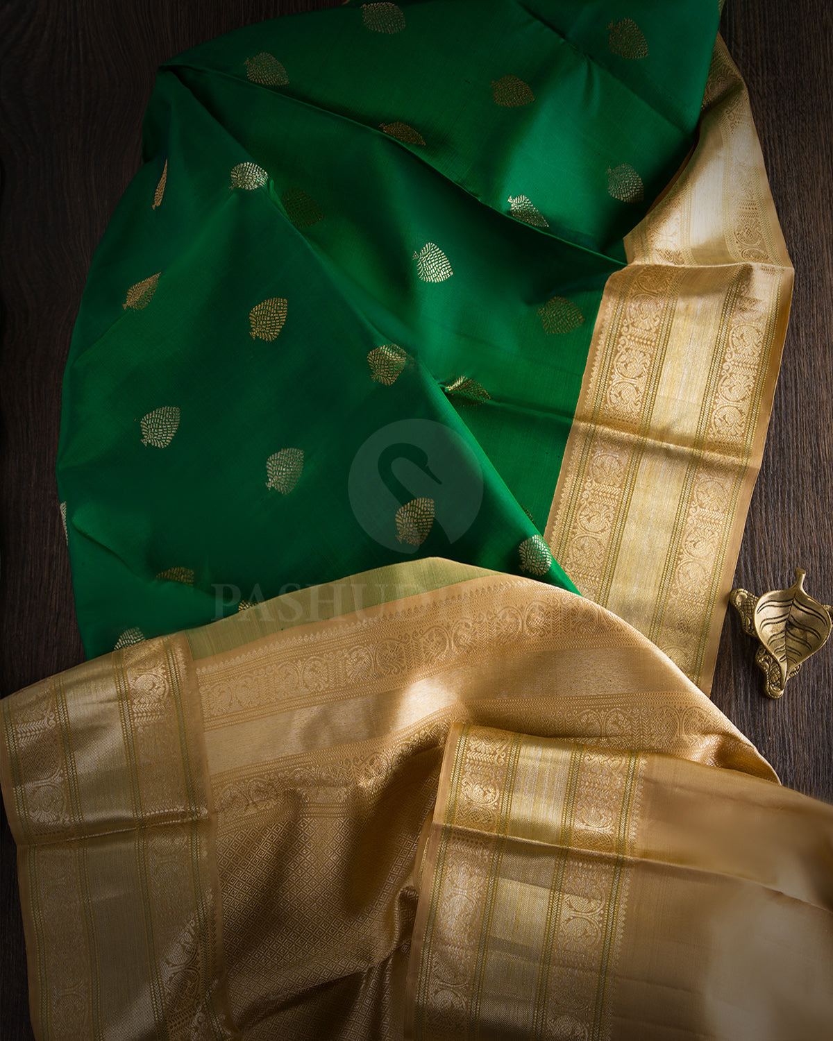 Emerald Green and Ivory Kanjivaram Silk Saree - S598 - View 1