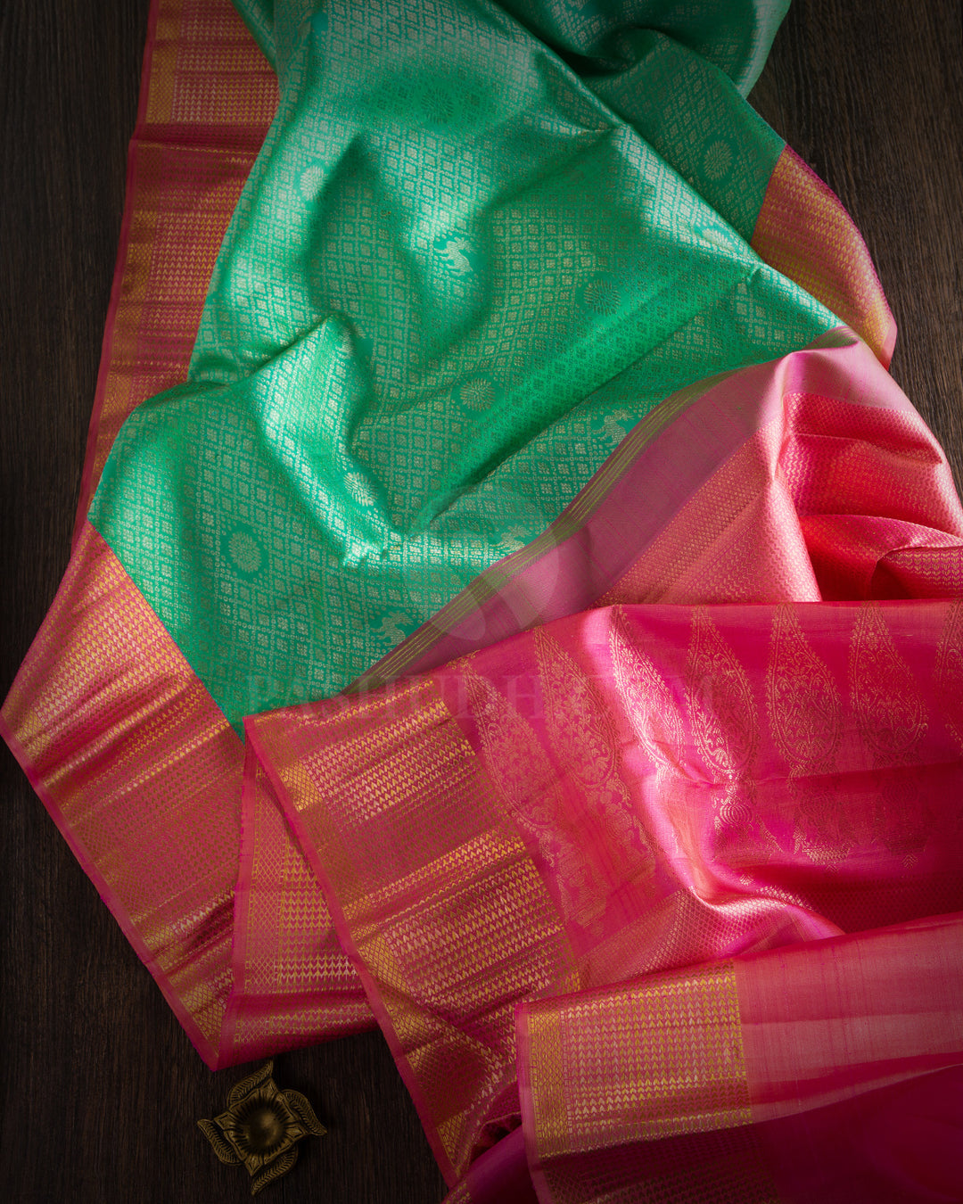 Mint Green and Flamingo Pink Kanjivaram Silk Saree - S608 - View 2