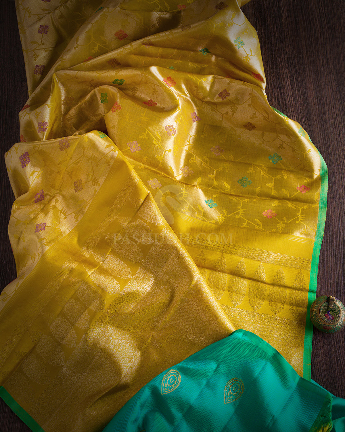 Yellow Paithani inspired Pure Zari Kanjvaram Silk Saree - S656 - View 3