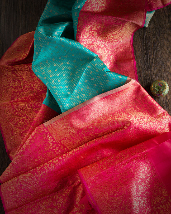 Sky Blue and Watermelon Pink Kanjivaram Silk Saree - S611 view 3
