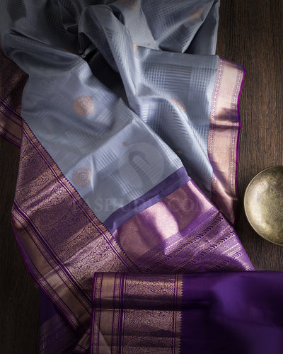 Bluish Grey and Violet Pure Zari Kanjivaram Silk Saree - S613, View 3