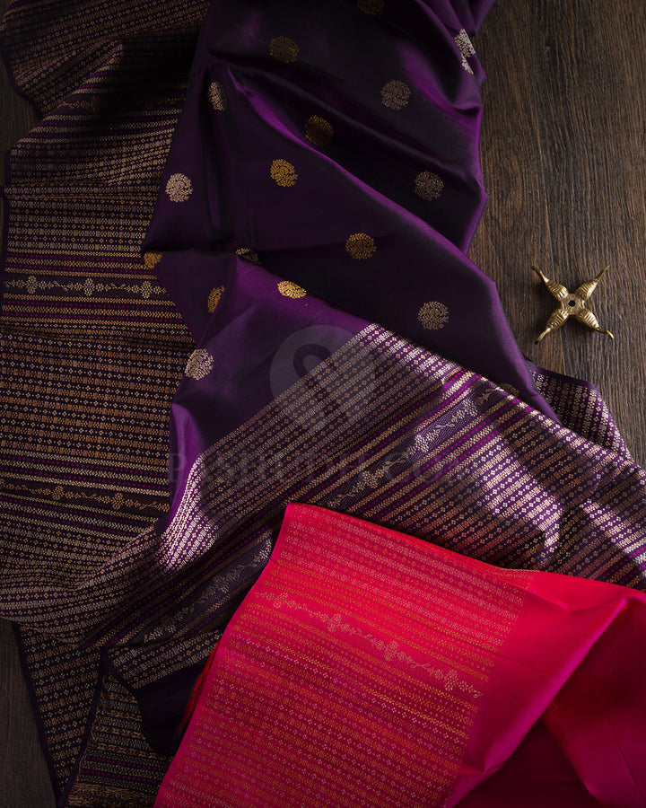 Eggplant Purple and Crimson Pink Pure Zari Kanjivaram Silk Saree - S605, View 3