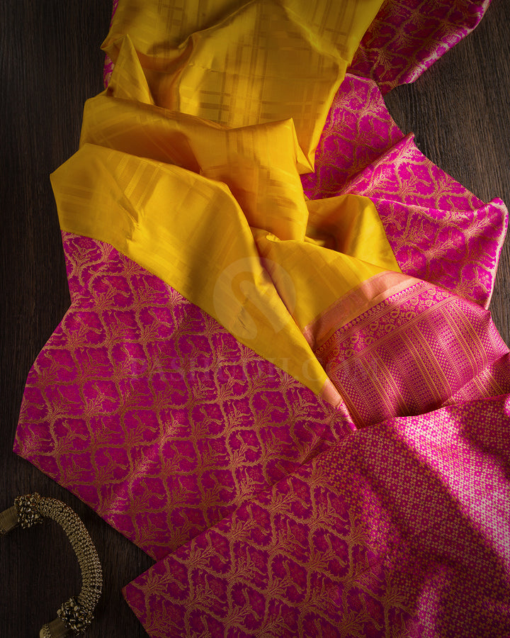 Yellow and Pink Kanjivaram Silk Saree - S585 view 3