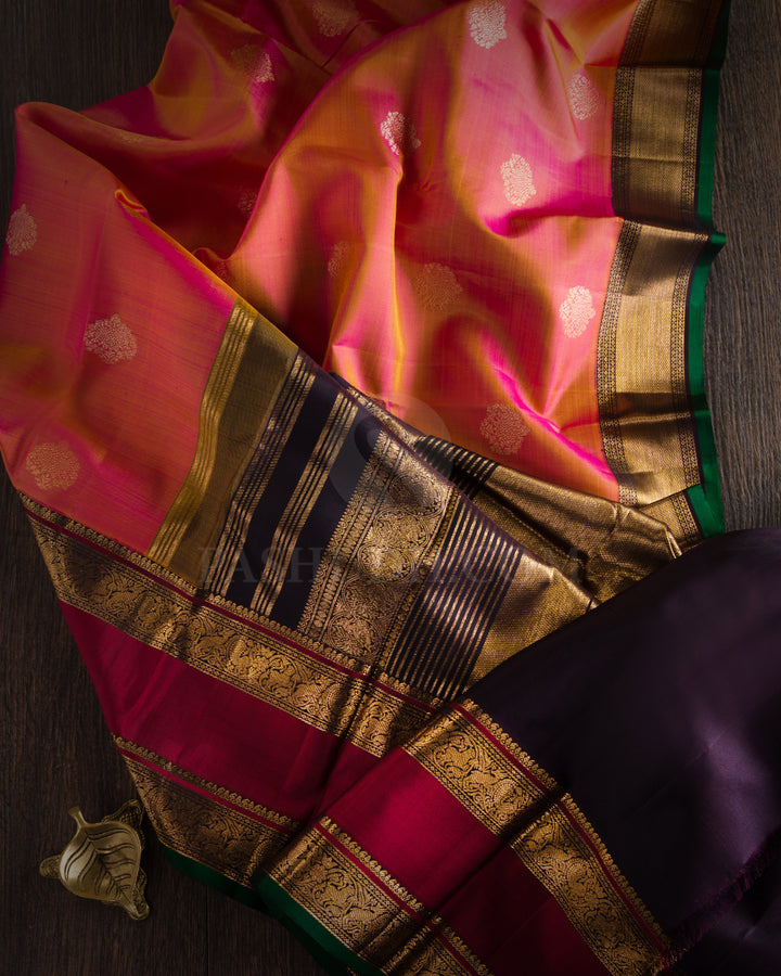 Pink Shot Orange Pure Zari Kanjivaram Silk Saree with Sku Code S590 , view 3