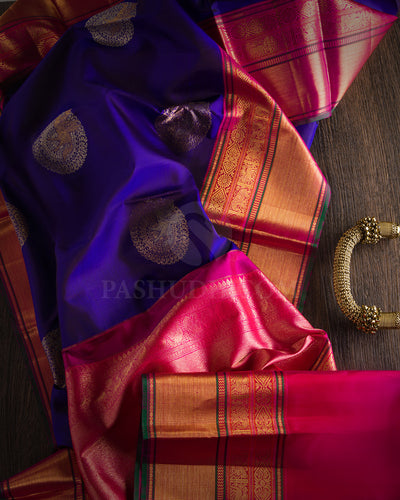 M S Blue and Candy Pink Pure Zari Kanjivaram Silk Saree  with Sku S601 , View 3