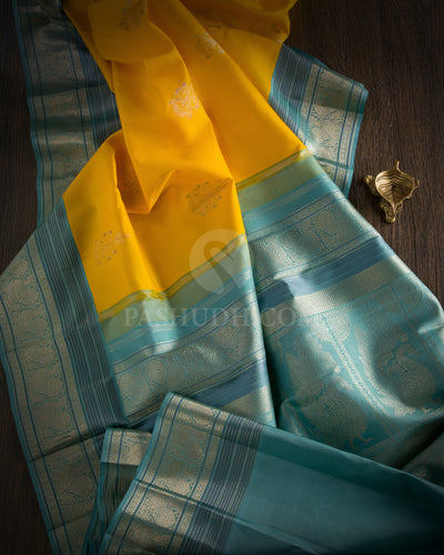 Yellow and Tiffany Blue Pure Zari Kanjivaram Silk Saree - S681 - View 3