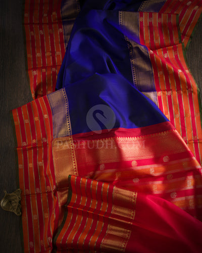 Royal Blue and Red Pure Zari Kanjivaram Silk Saree - S675 - View 3