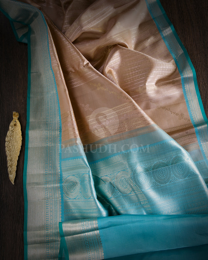 Beige and Sky Blue Kanjivaram Silk Saree - S691 -V iew 3