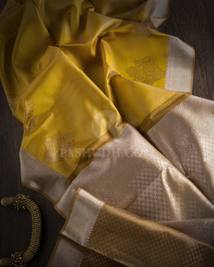 Golden Yellow and Khaki Kanjivaram Silk Saree - D415 - View 1