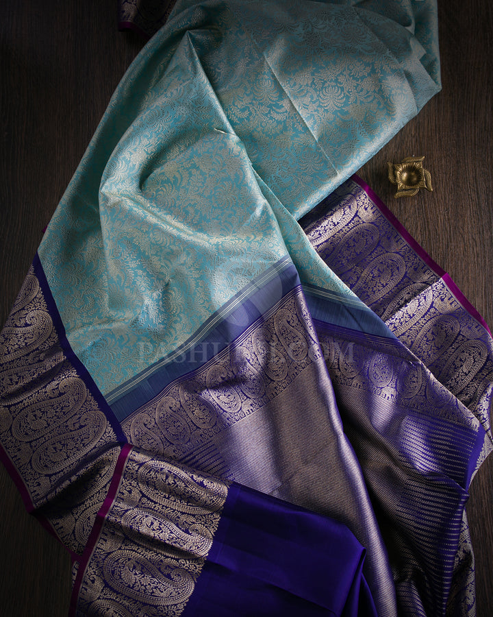 Sky Blue and Navy Blue Pure Zari Kanjivaram Silk Saree - S669 - View 3