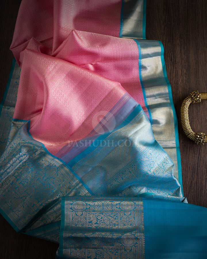 Baby Pink and Turquoise Pure Zari Kanjivaram Silk Saree - S664 - View 4