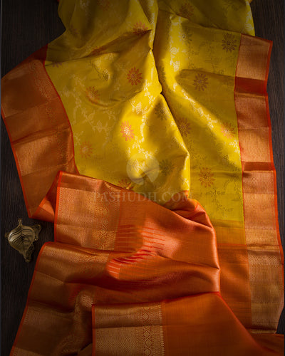 Yellow and Sunset Red Pure Zari Kanjivaram Silk Saree - S663 - View 3