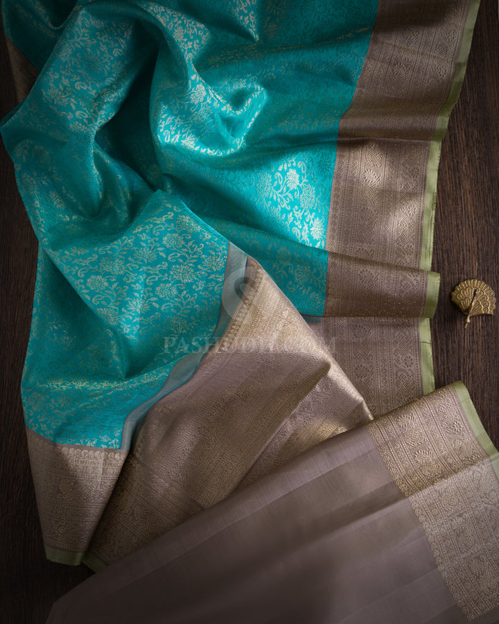 Turquoise and Grey Kanjivaram Silk Saree - S640 - View 3