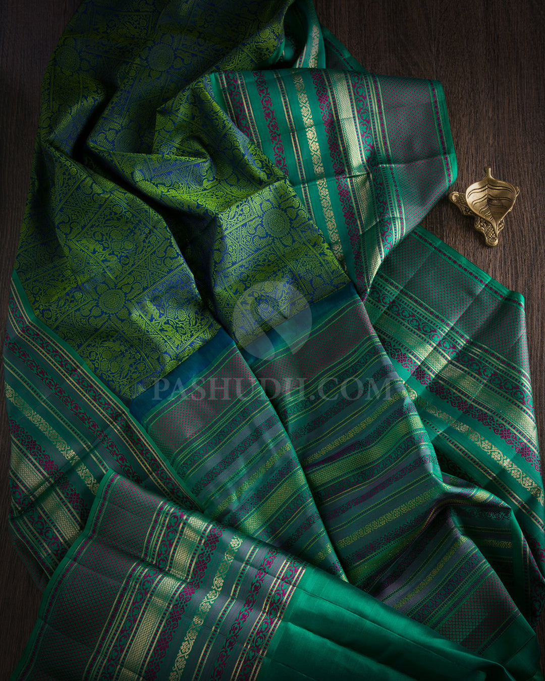 Royal Blue and Peacock Green Kanjivaram Silk Saree - DJ180 - View 1