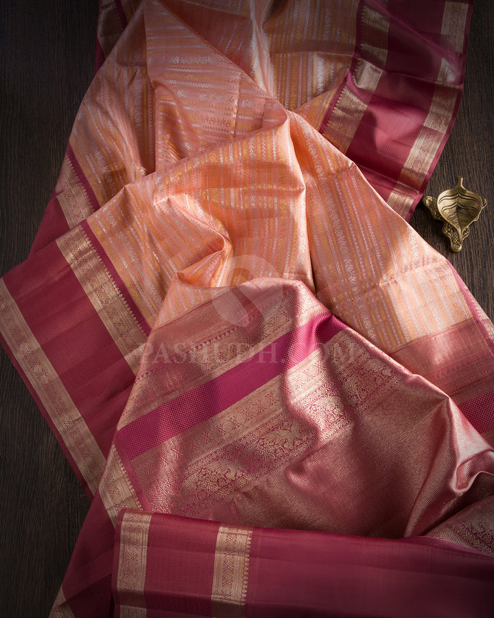 Pastel Peach and Rosewood Pink Kanjivaram Silk Saree - S695 - View 3