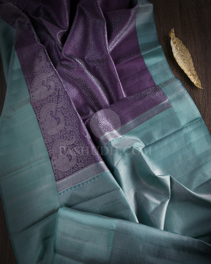 Lavender and Teal Kanjivaram Silk Saree - D417 - View 1