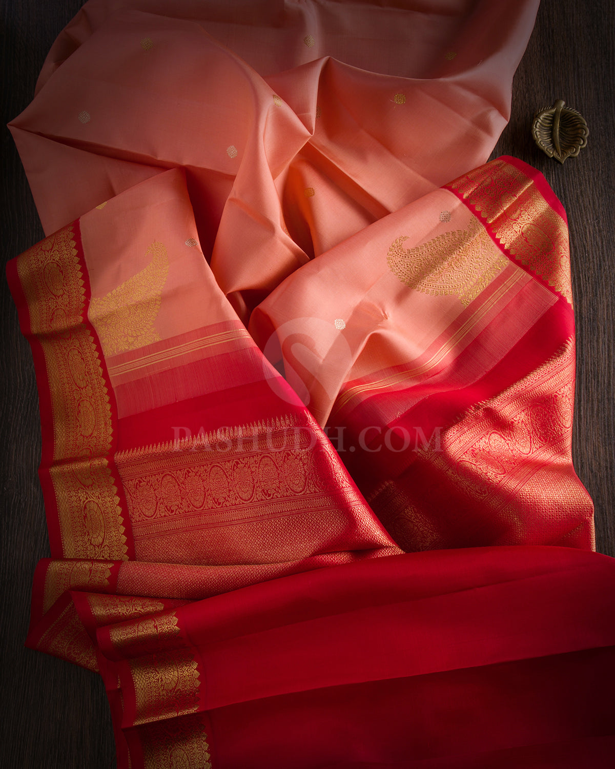 Peach and Red Pure Zari Kanjivaram Silk Saree - S693 - View 3