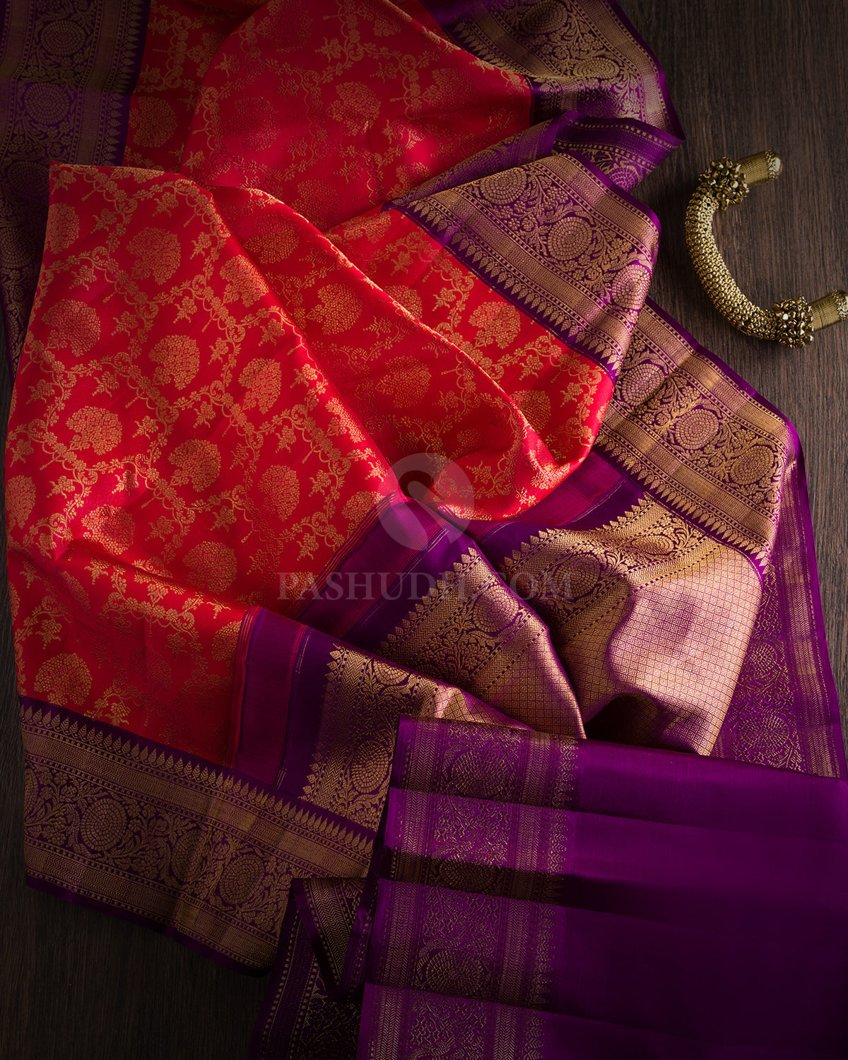 Bright Red and Violet Kanjivaram Silk Saree - S633 - View 3