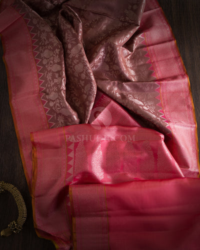 Chocolate Brown and Flamingo Pink Pure Zari Kanjivaram Silk Saree - S641 - View 3