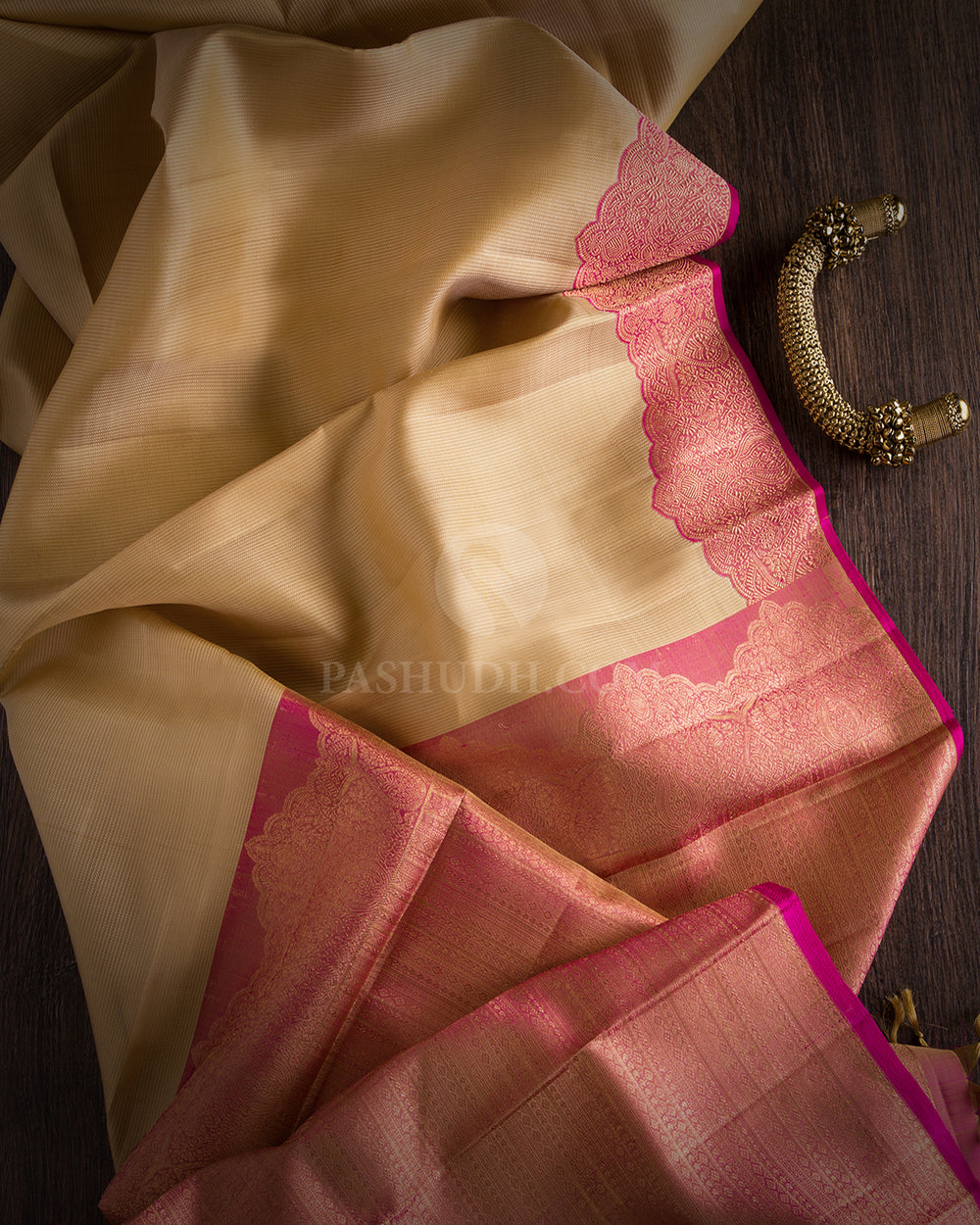 Peachy Pink and Cream Kanjivaram Saree - S582 - View 2