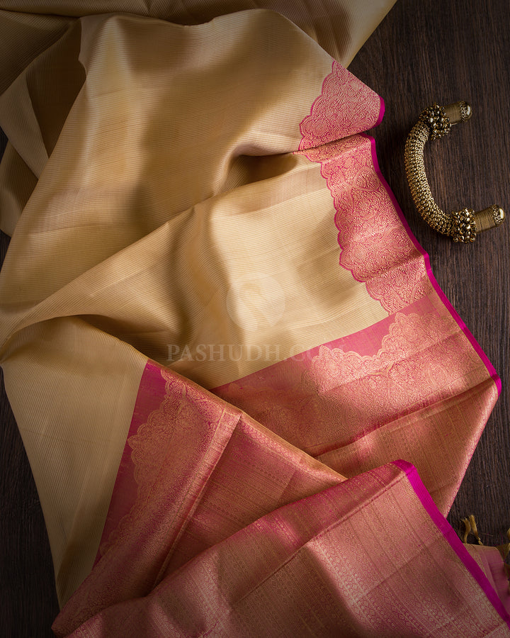 Peachy Pink and Cream Kanjivaram Saree - S582 - View 2