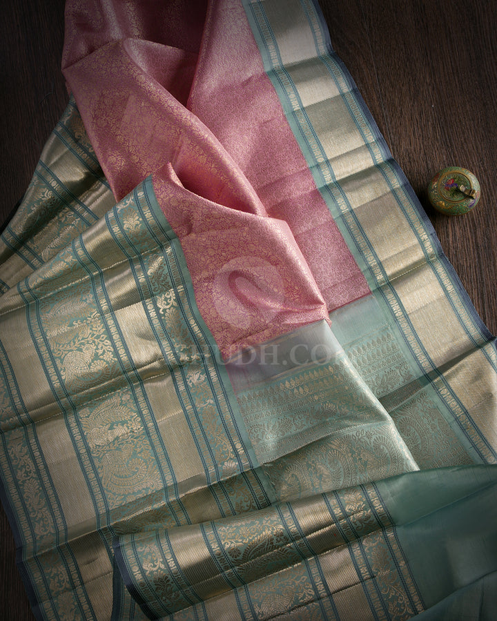 Lilac and Tiffany Blue Pure Zari Kanjivaram Silk Saree - S676 - View 3