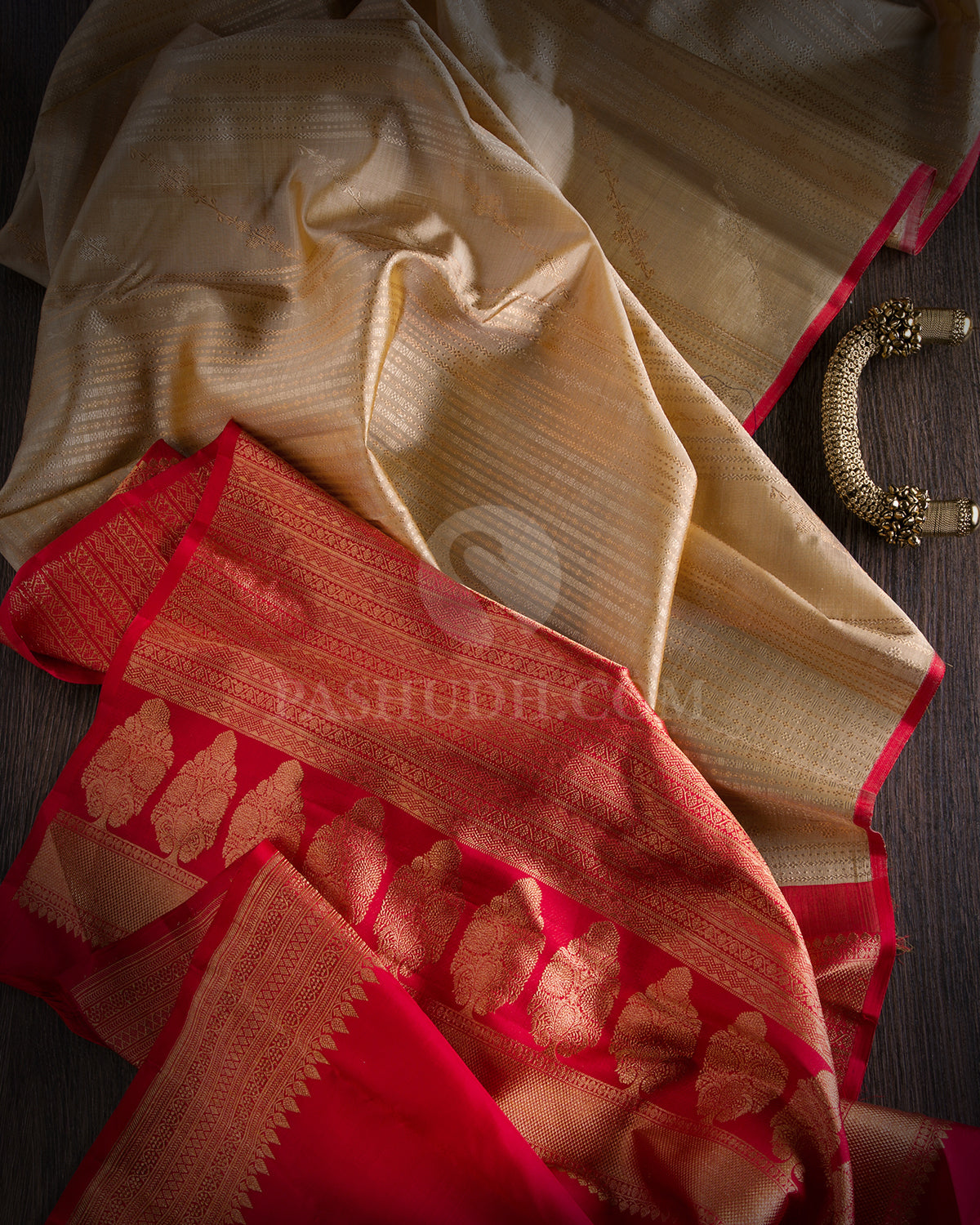 Beige and Red Kanjivaram Silk Saree - S694 - View 3